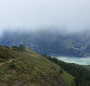 View of trail, river, and fog